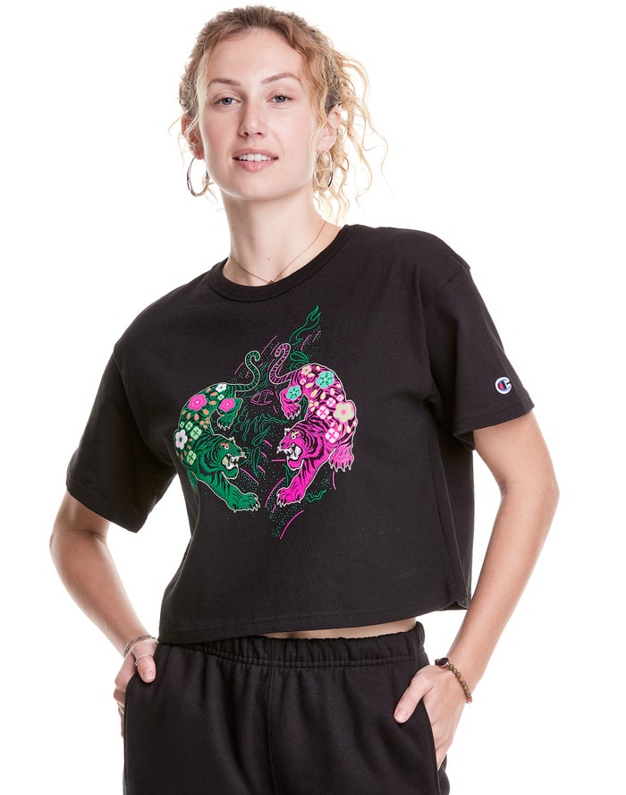 Champion Dame T-Shirts Sort - Heritage Cropped Year Of The Tiger - Danmark JSO-905843